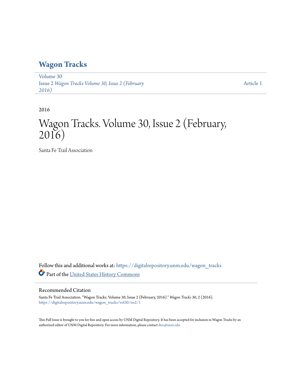 Wagon Tracks. Volume 30, Issue 2 (February, 2016) Santa Fe Trail Association