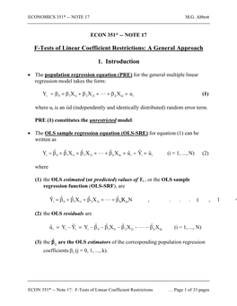Note 17: F-Tests of Linear Coefficient Restrictions … Page 1 of 33 Pages ECONOMICS 351* -- NOTE 17 M.G