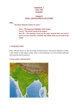 Assignment 7 Class VIII Geography Chapter 8 INDIA