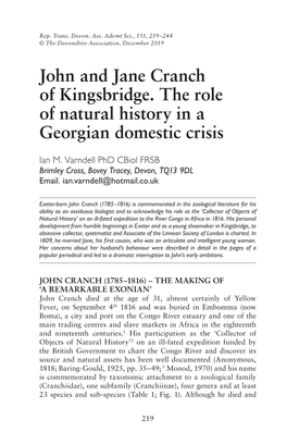 John and Jane Cranch of Kingsbridge. the Role of Natural History in a Georgian Domestic Crisis