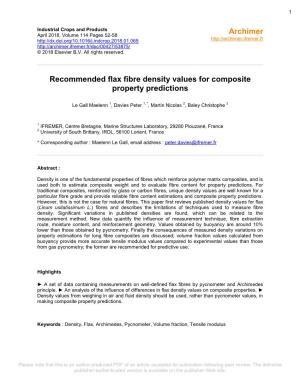 Recommended Flax Fibre Density Values for Composite Property Predictions