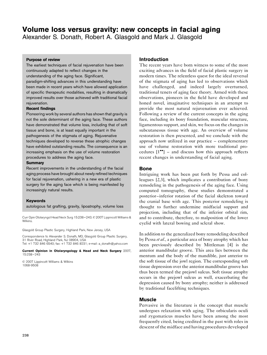 Volume Loss Versus Gravity: New Concepts in Facial Aging Alexander S