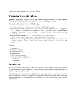 CS151.02 2007S : Character Values in Scheme