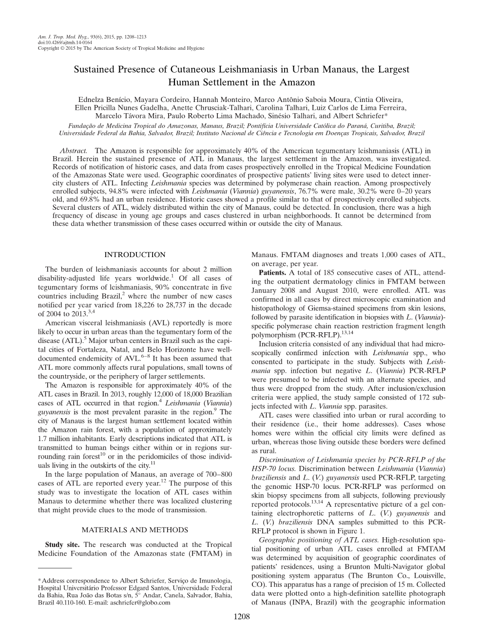 Sustained Presence of Cutaneous Leishmaniasis in Urban Manaus, the Largest Human Settlement in the Amazon