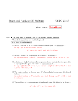 Functional Analysis (H) Midterm USTC-2015F Haha Your Name: Solutions