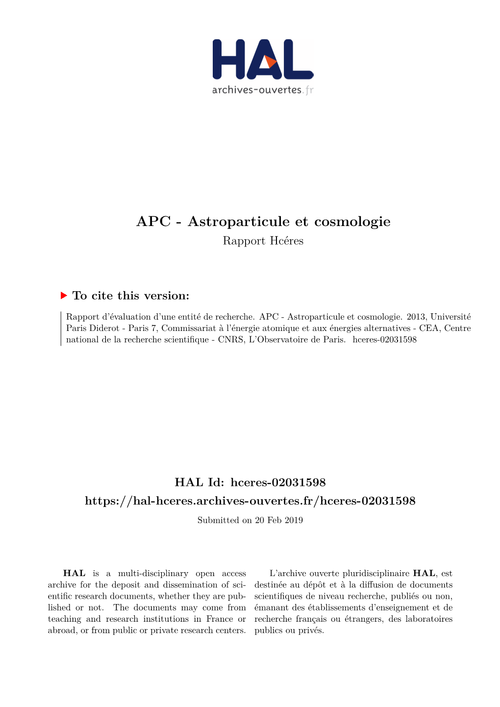 APC - Astroparticule Et Cosmologie Rapport Hcéres