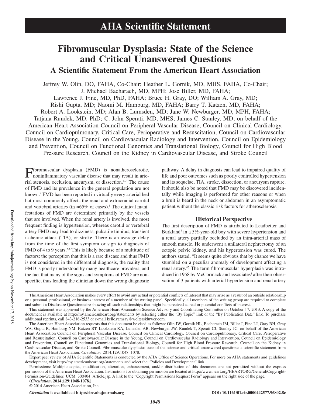 Fibromuscular Dysplasia: State of the Science and Critical Unanswered Questions a Scientific Statement from the American Heart Association