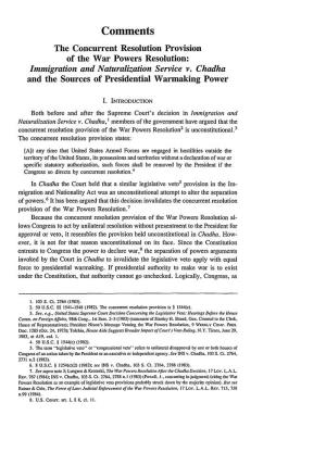 Concurrent Resolution Provision of the War Powers Resolution: Immigration and Naturalization Service V. Chadha and the Sources of Presidential Warmaking Power
