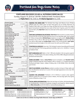 (53-69) Vs. ALTOONA CURVE (66-55) Sunday, August 19, 2018 at 1:00 PM • Hadlock Field • Portland, Maine LH Kyle Hart (7-8, 3.55) Vs