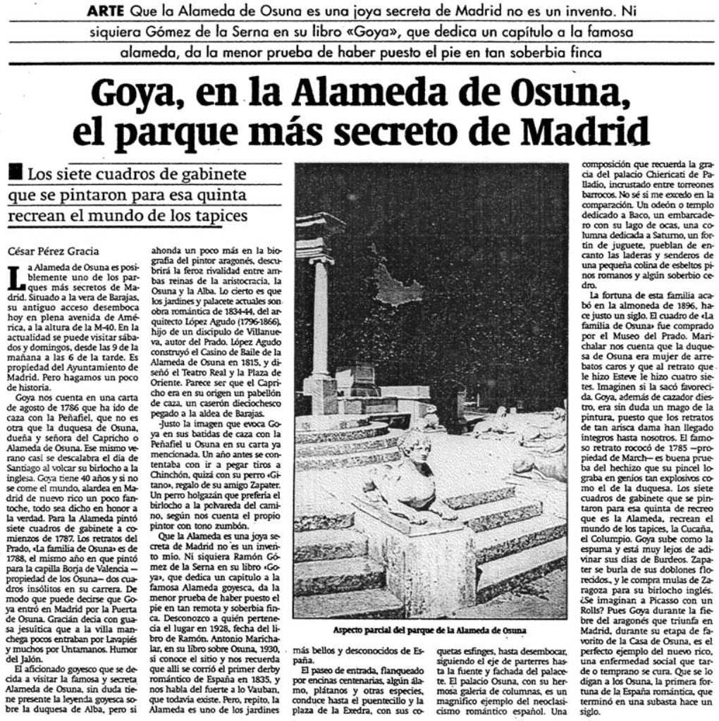 Goya, En .La Alameda De Osuna, El Parque Más Secreto De Madrid Composición Que Recuerda La Gra­ • Los Siete Cuadros De Gabinete Da Del Palacio O:Tiericati De Fa