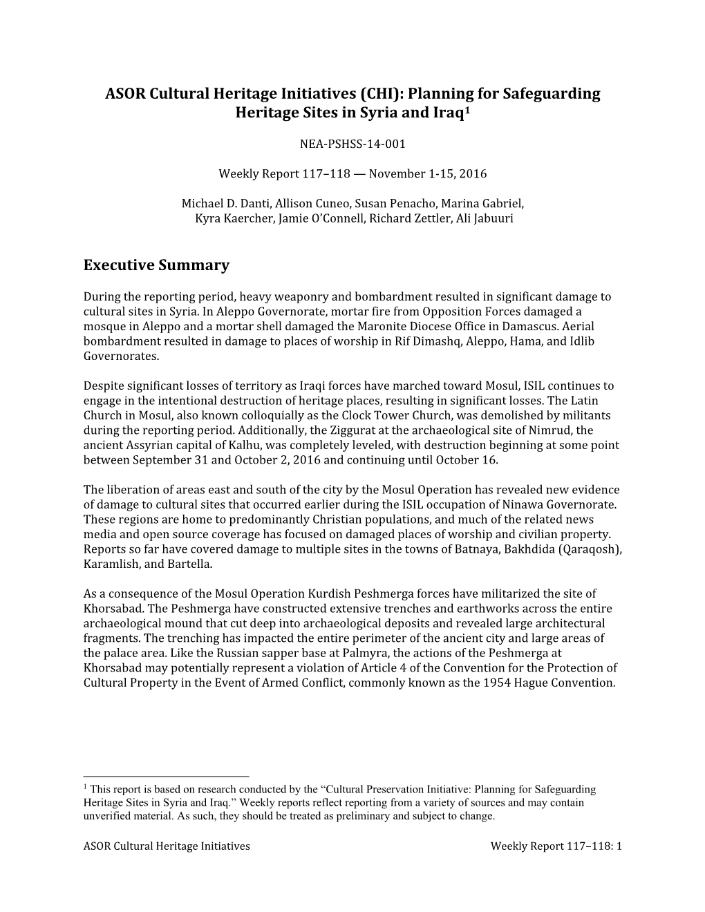 ASOR Cultural Heritage Initiatives (CHI): Planning for Safeguarding Heritage Sites in Syria and Iraq1