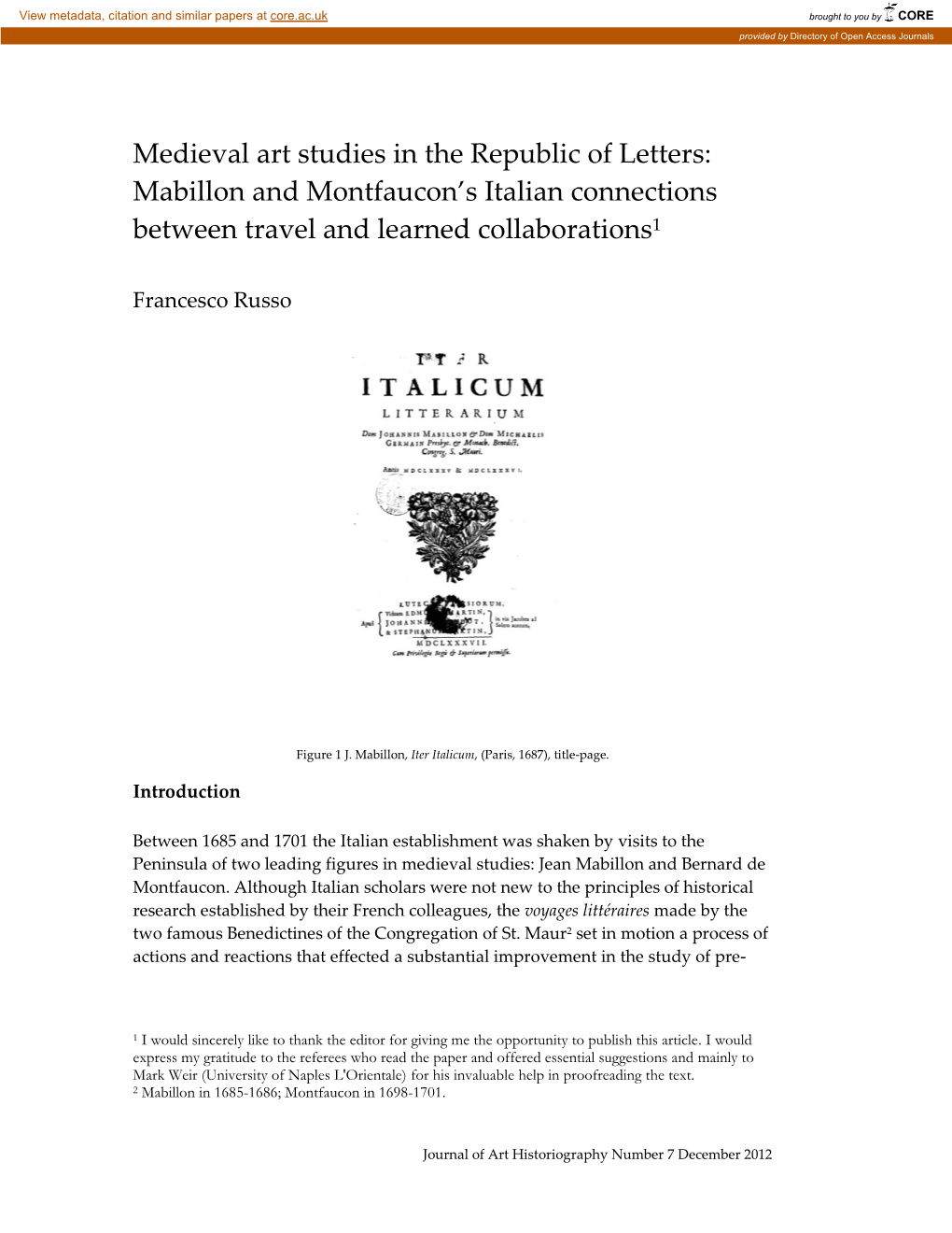 Mabillon and Montfaucon's Italian Connections Between Travel and Learned Coll