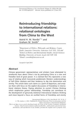 Reintroducing Friendship to International Relations: Relational Ontologies from China to the West Ã Astrid H