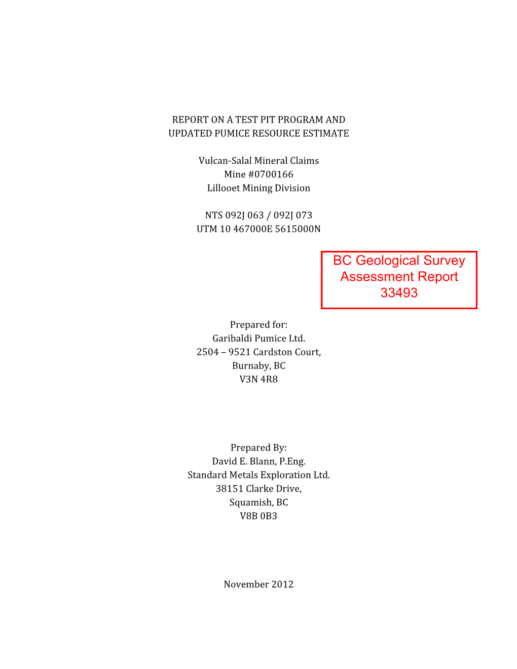 BC Geological Survey Assessment Report 33493