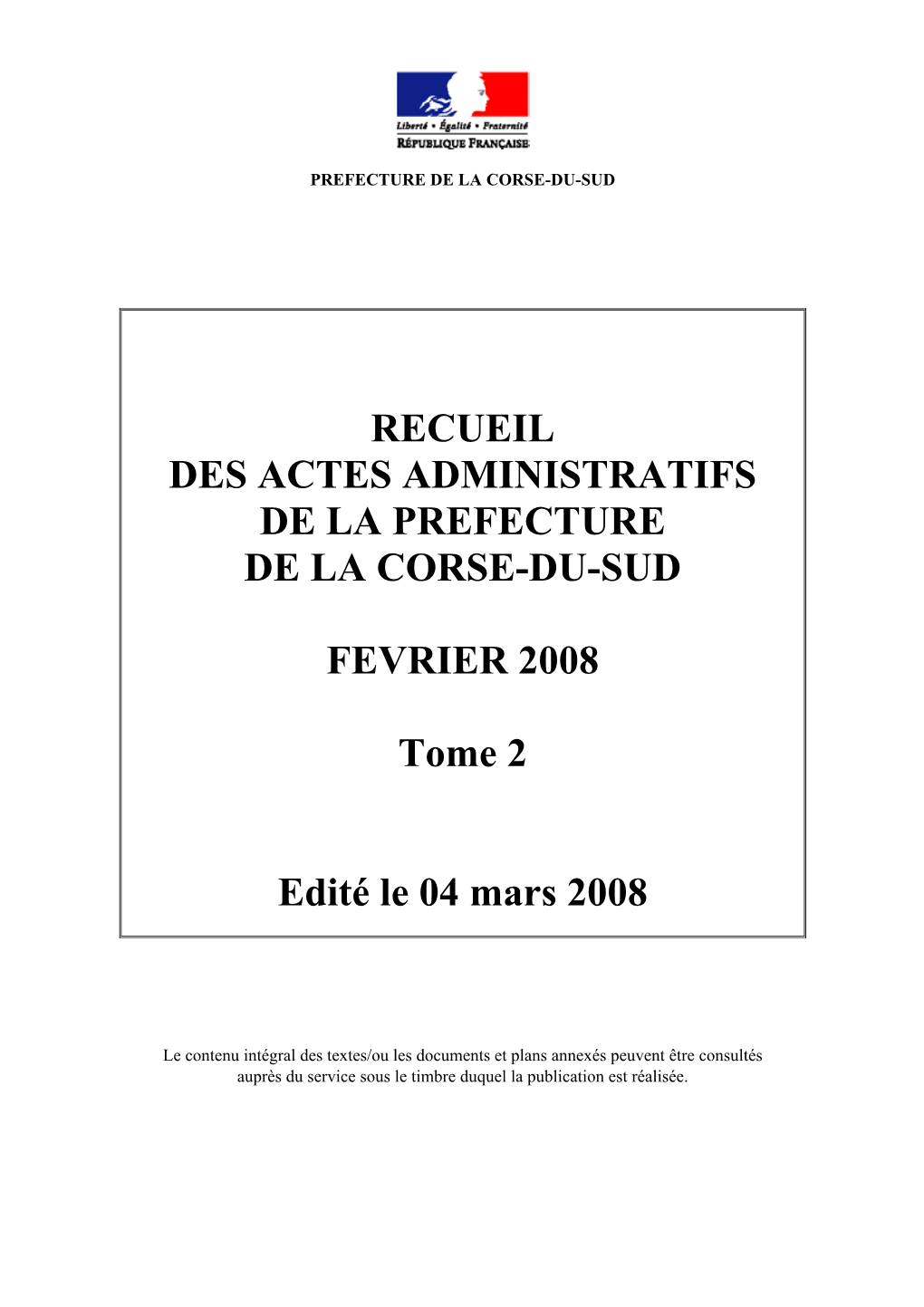 Recueil Des Actes Administratifs De La Prefecture De La Corse-Du-Sud