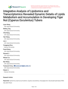 Integrative Analysis of Lipidomics and Transcriptomics Revealed Dynamic