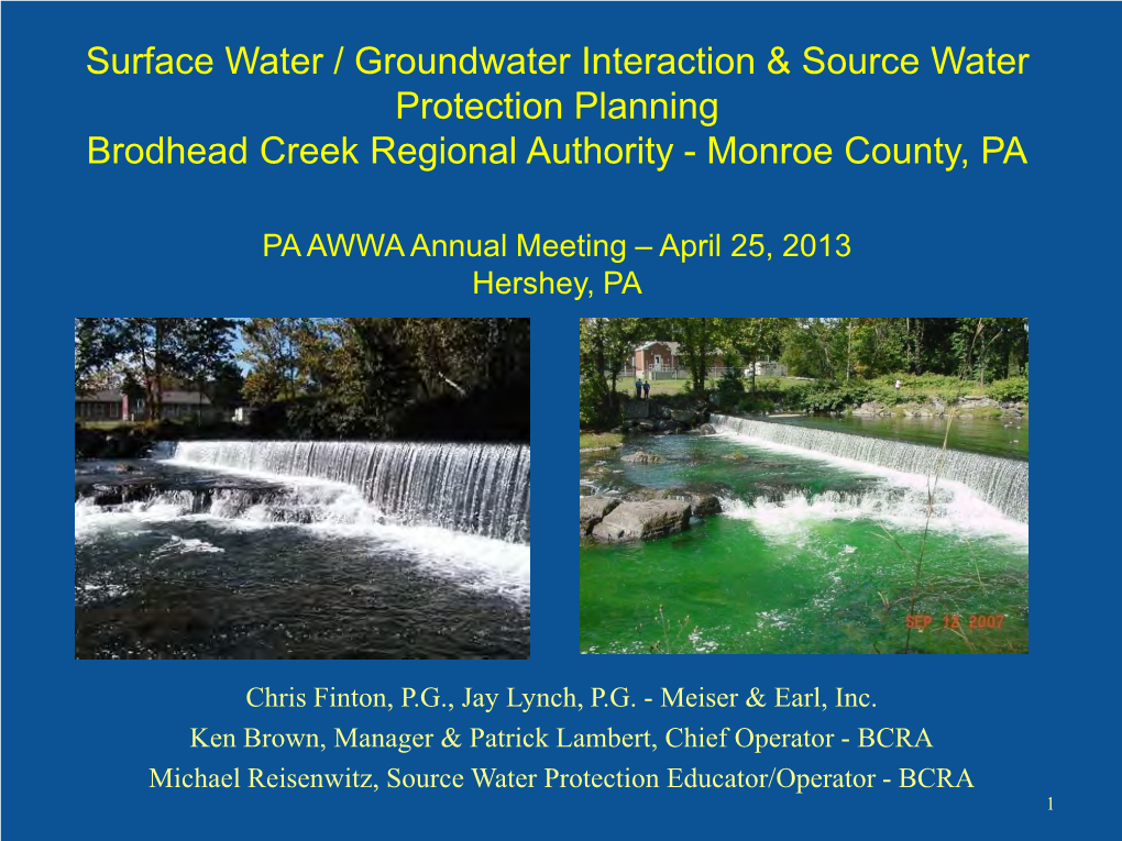 Source Water Protection & COA Studies Brodhead Creek Regional