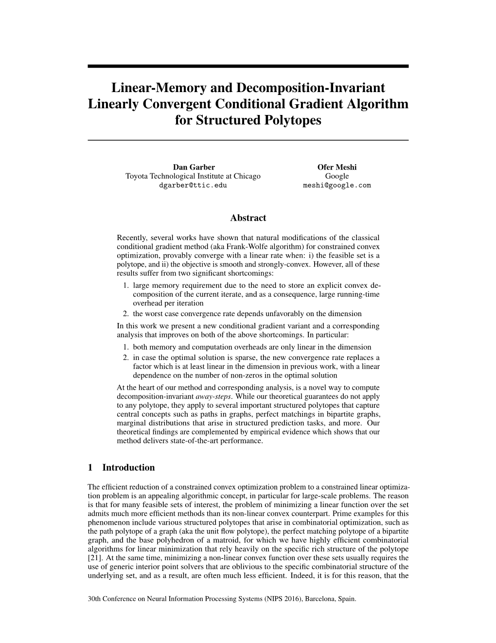 Linear-Memory and Decomposition-Invariant Linearly Convergent Conditional Gradient Algorithm for Structured Polytopes