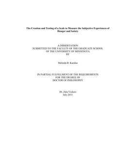 The Creation and Testing of a Scale to Measure the Subjective Experiences of Hunger and Satiety a DISSERTATION SUBMITTED TO
