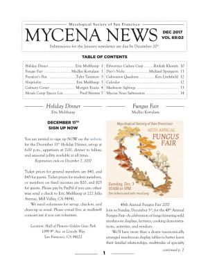 MYCENA NEWS VOL 69:02 Submissions for the January Newsletter Are Due by December 20Th