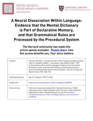 A Neural Dissociation Within Language: Evidence That the Mental Dictionary Is Part of Declarative Memory, and That Grammatical R