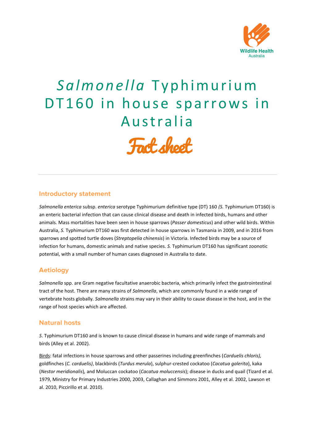 Salmonella Typhimurium DT160 in House Sparrows in Australia Fact Sheet