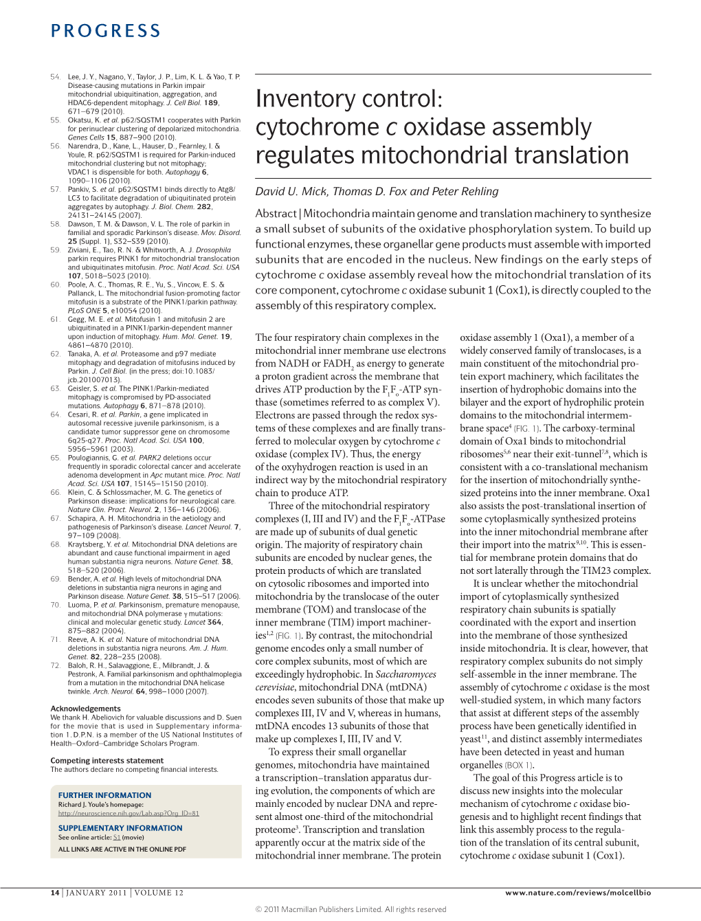 Cytochrome C Oxidase Assembly Regulates