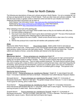 Trees for North Dakota 1/23/08 the Following Are Descriptions of Trees and Cultivars Growing in North Dakota
