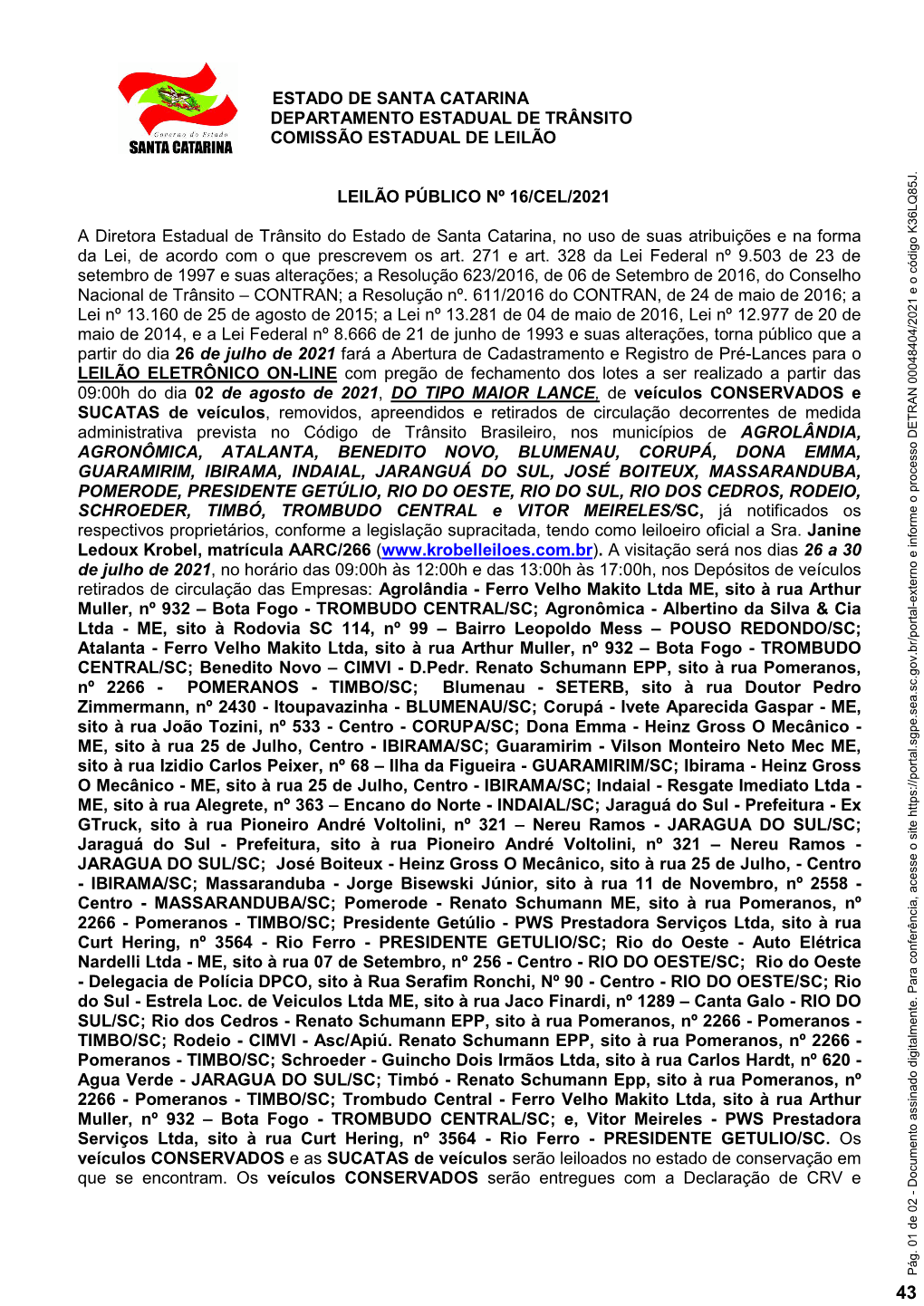 Estado De Santa Catarina Departamento Estadual De Trânsito Comissão Estadual De Leilão