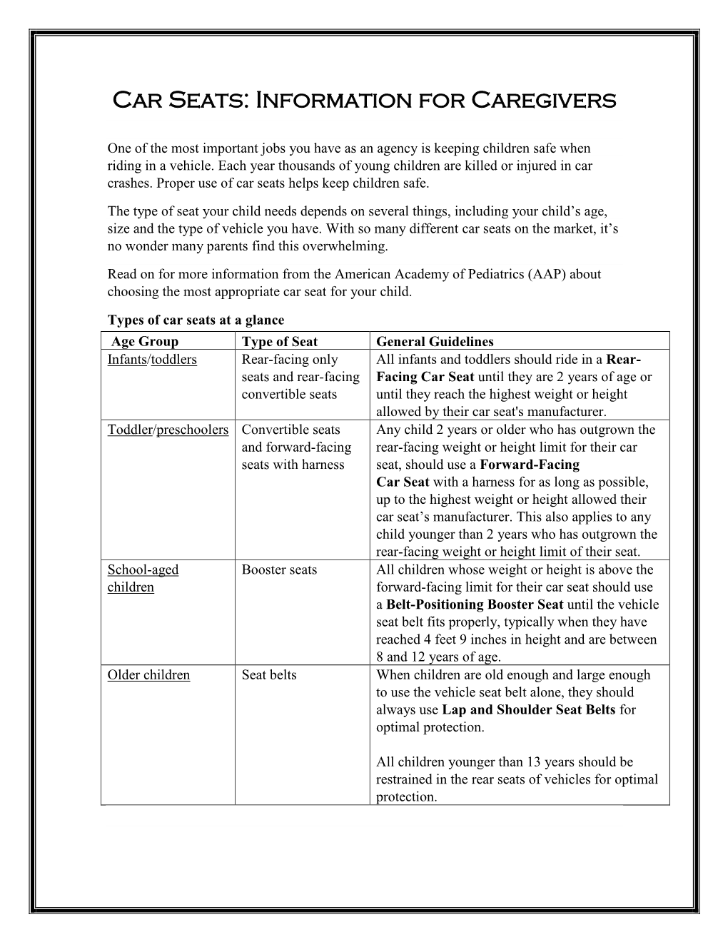 Car Seats: Information for Caregivers