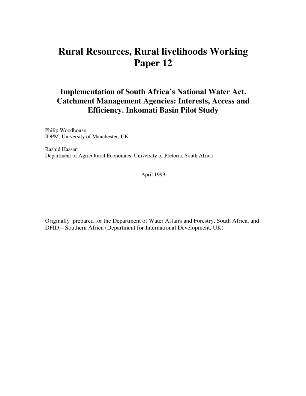 Rural Resources, Rural Livelihoods Working Paper 12