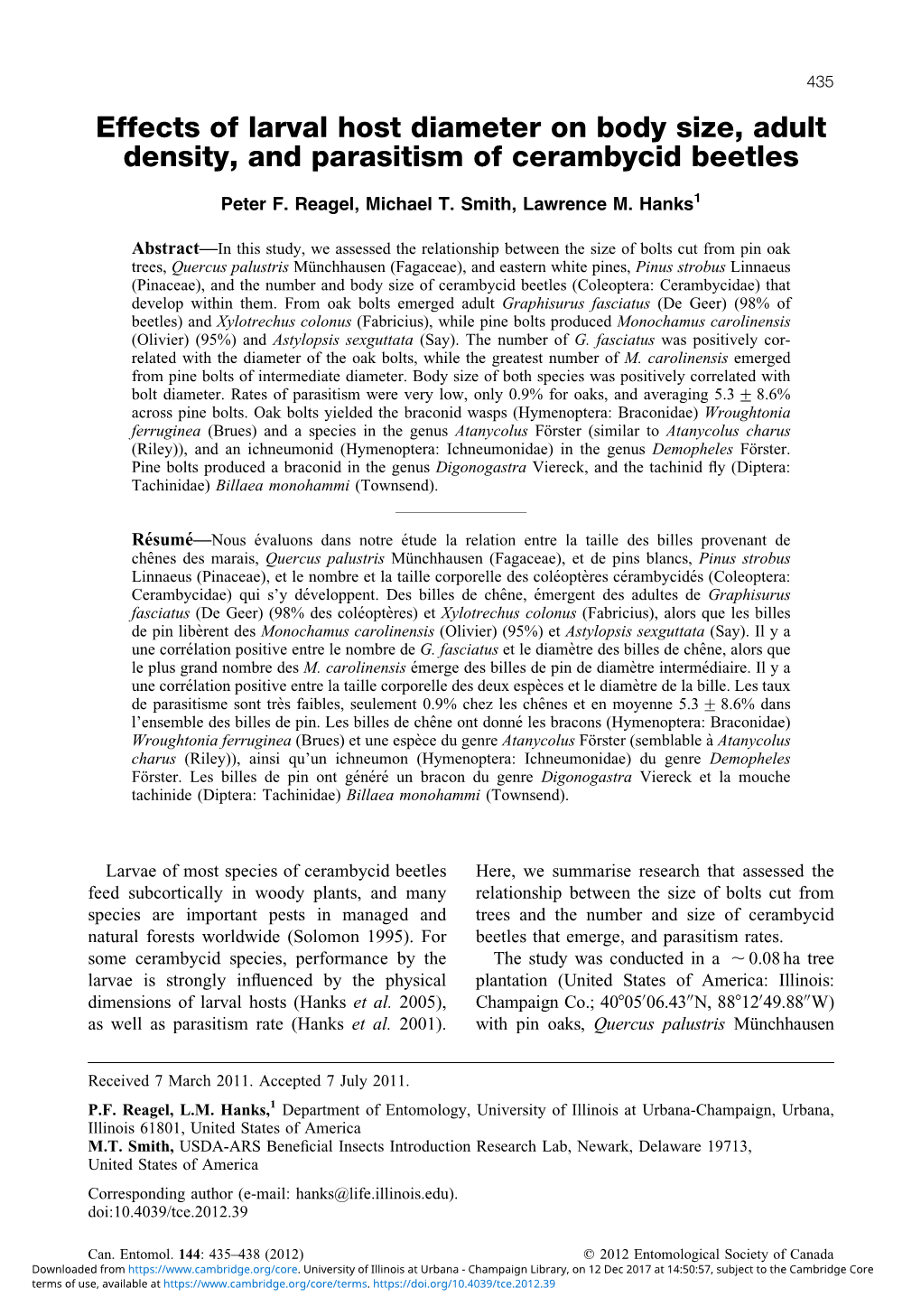 Effects of Larval Host Diameter on Body Size, Adult Density, and Parasitism of Cerambycid Beetles