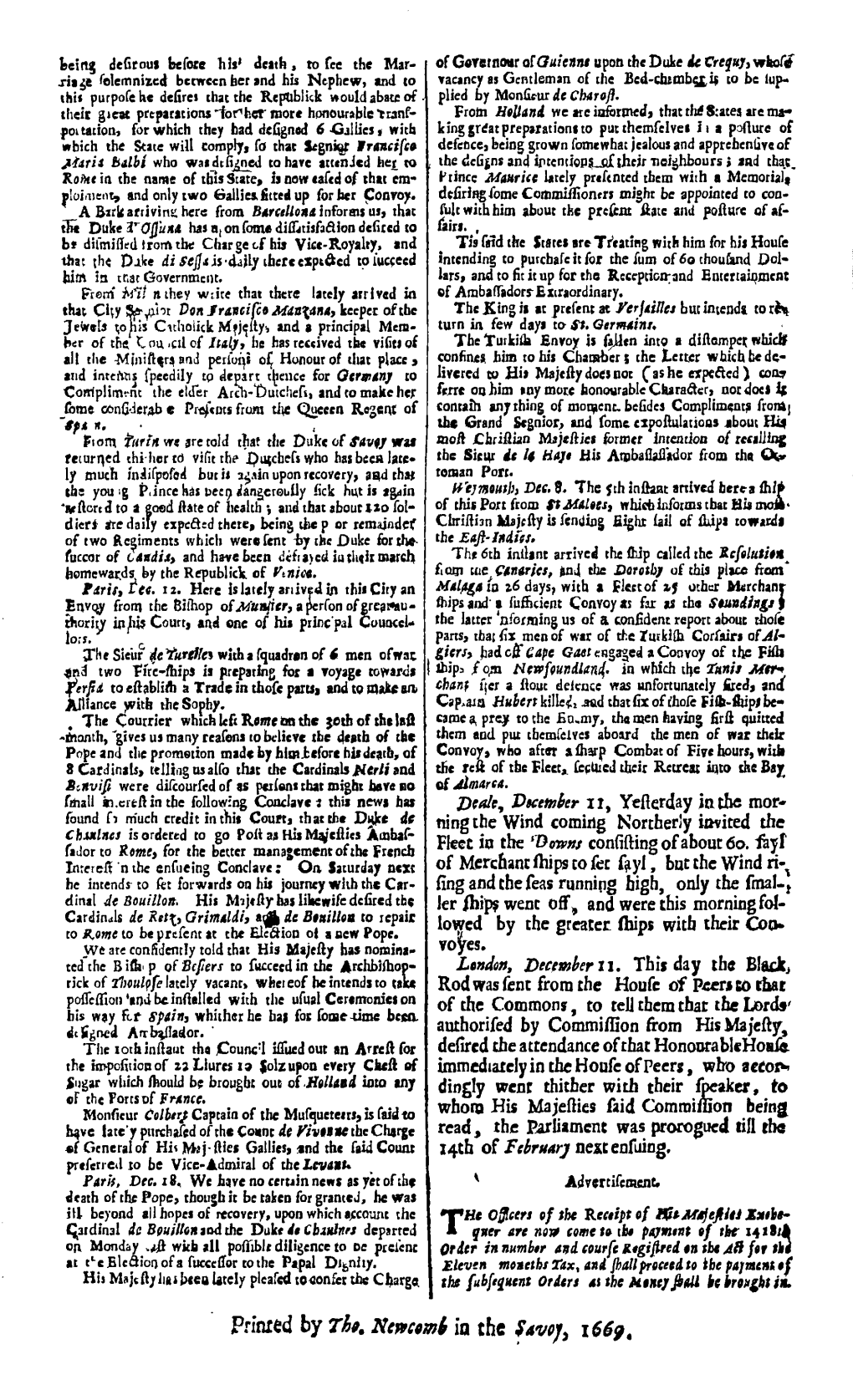 Primed by Th. Netvctml Ia the Savoy, 1669