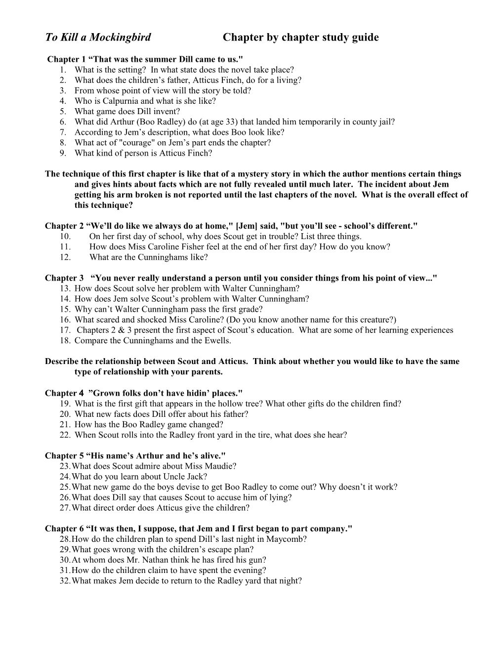 To Kill a Mockingbird - Study Sheet for Chapters 1, 2, and 3