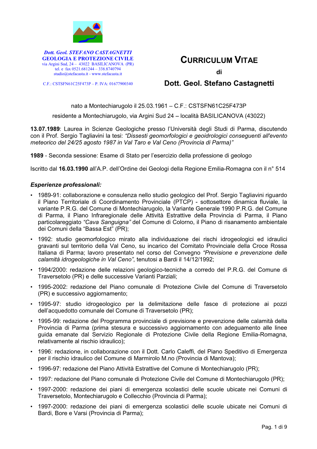 CURRICULUM VITAE Dott. Geol. Stefano Castagnetti