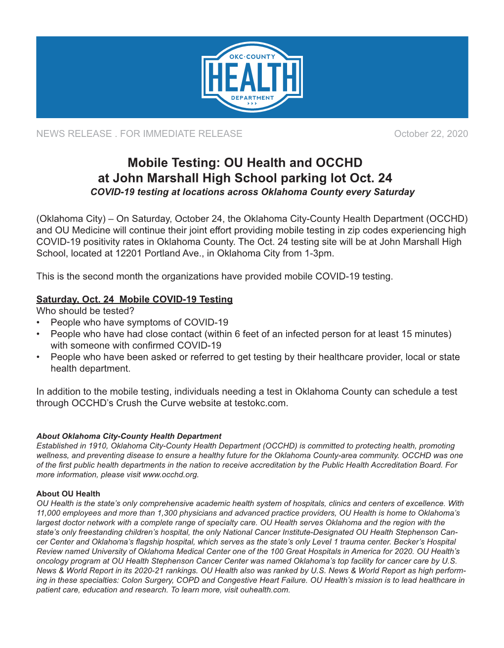 Mobile Testing: OU Health and OCCHD at John Marshall High School Parking Lot Oct