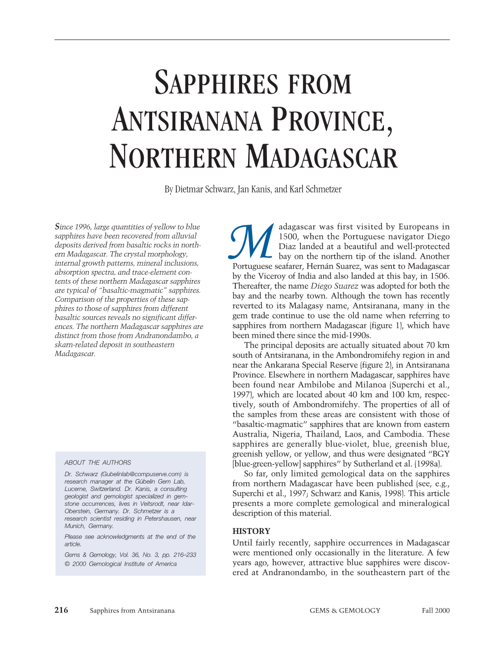 SAPPHIRES from ANTSIRANANA PROVINCE, NORTHERN MADAGASCAR by Dietmar Schwarz, Jan Kanis, and Karl Schmetzer