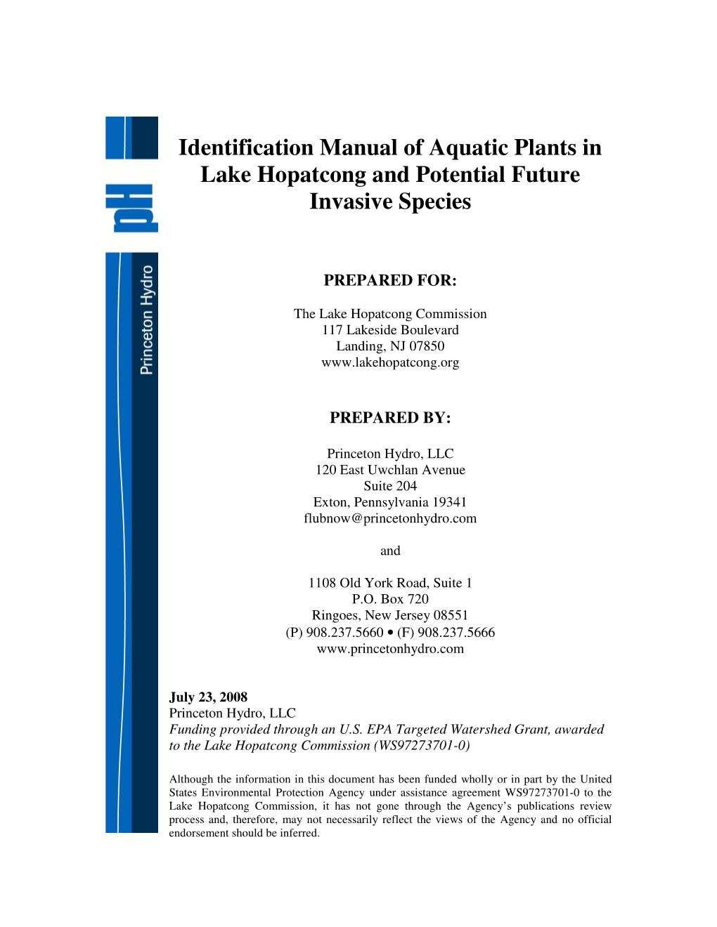 Identification Manual of Aquatic Plants in Lake Hopatcong and Potential Future Invasive Species