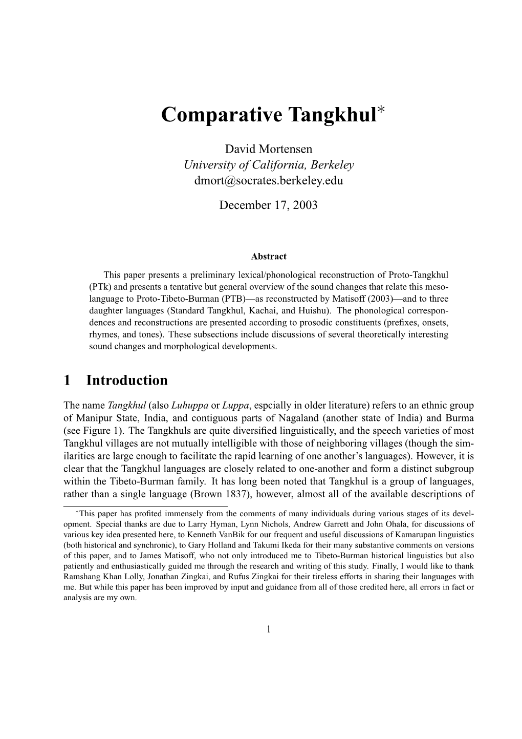 Comparative Tangkhul∗