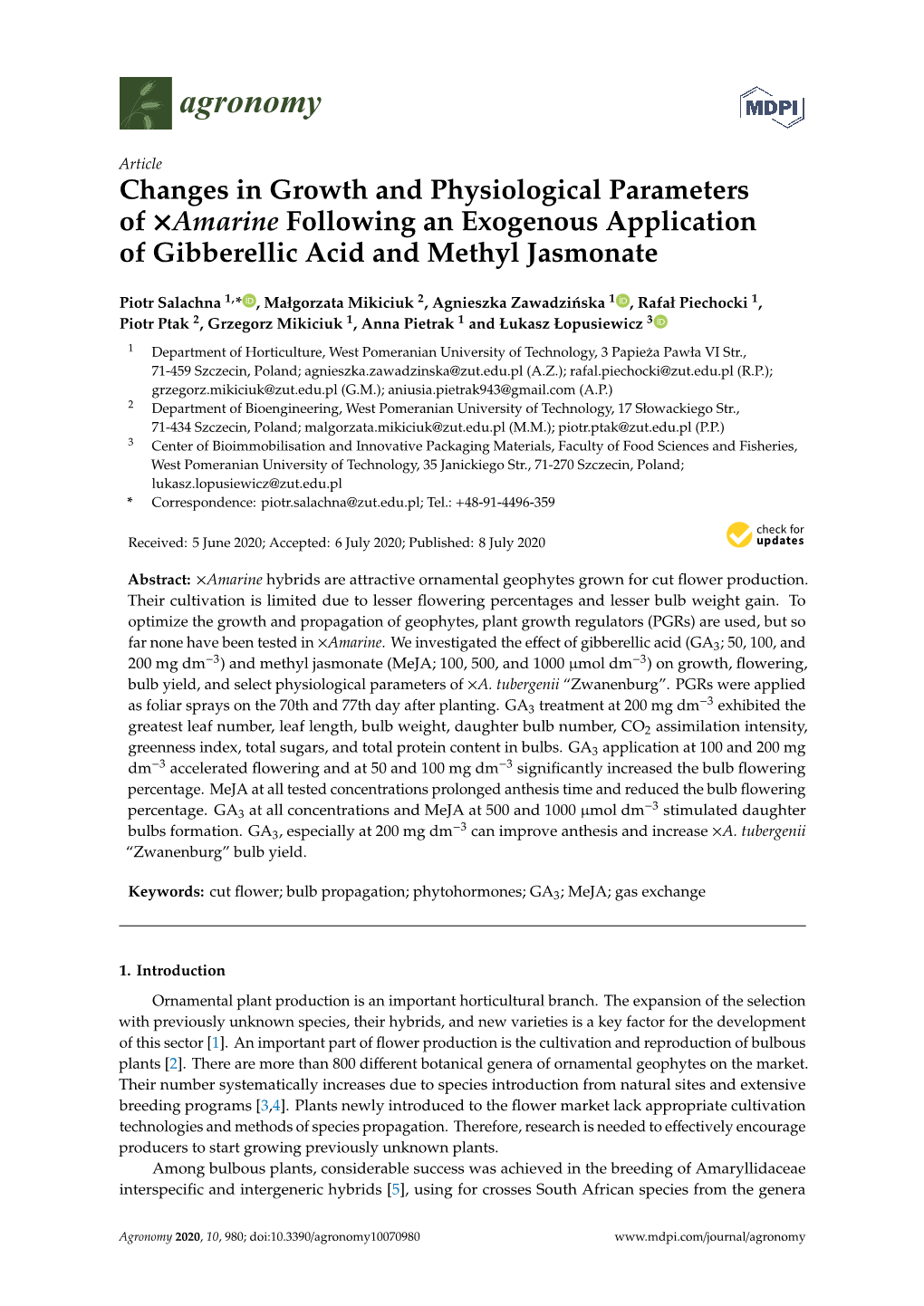 Changes in Growth and Physiological Parameters of ×Amarine Following an Exogenous Application of Gibberellic Acid and Methyl Jasmonate