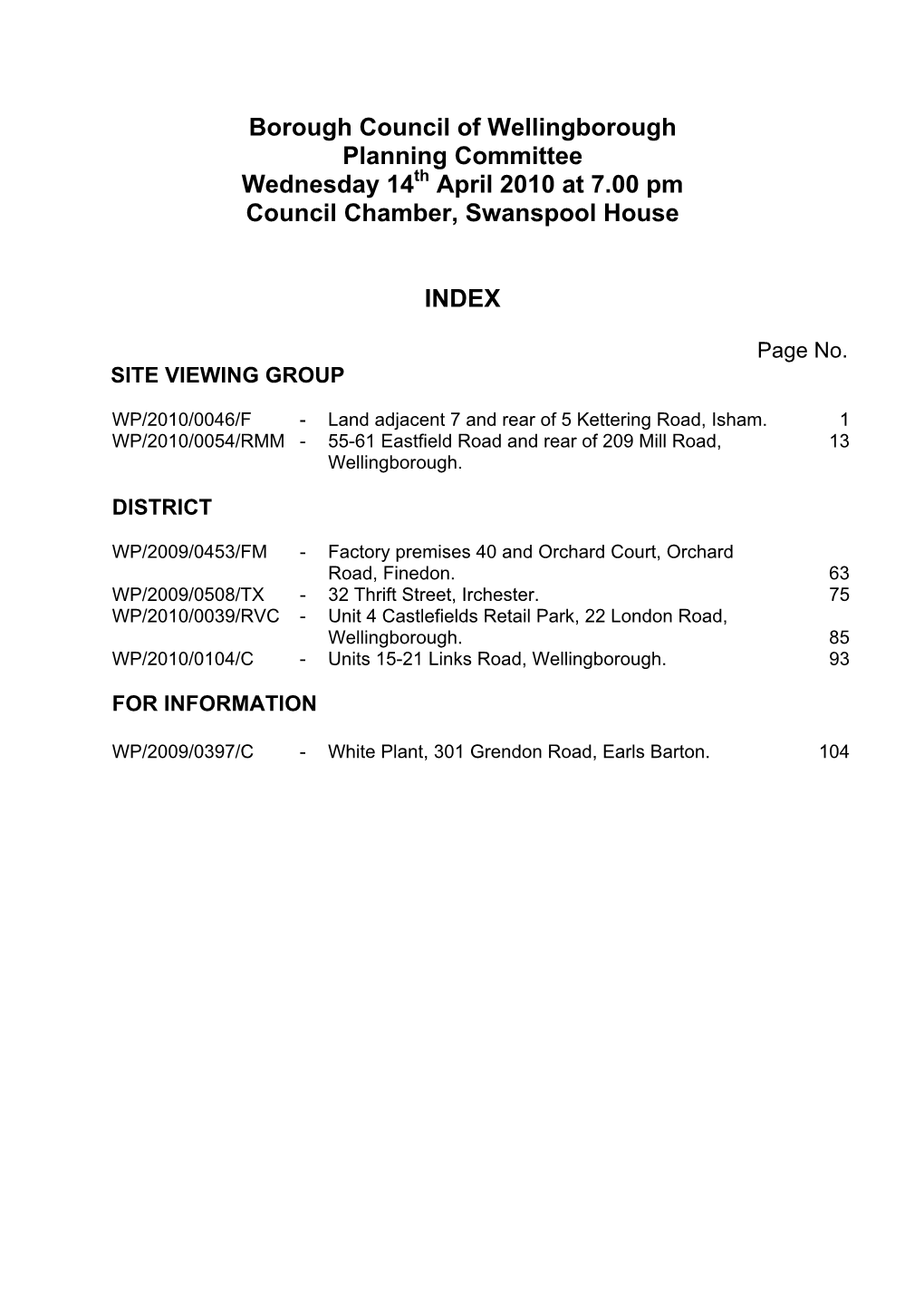 April 2010 at 7.00 Pm Council Chamber, Swanspool House INDEX