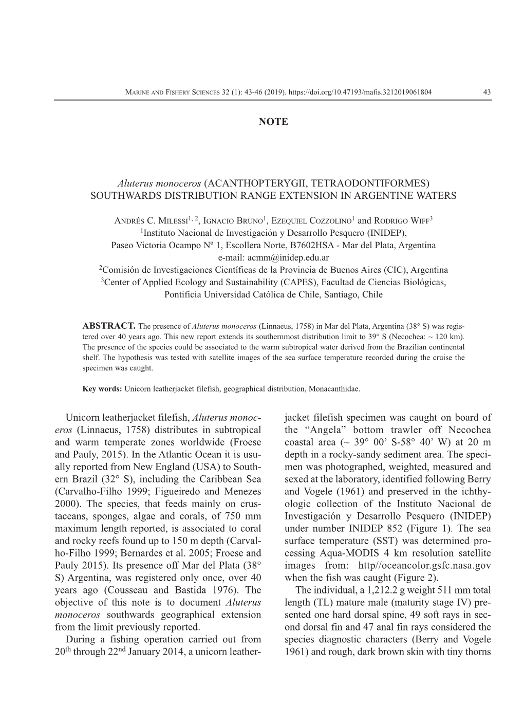 Aluterus Monoceros (ACANTHOPTERYGII, TETRAODONTIFORMES) SOUTHWARDS DISTRIBUTION RANGE EXTENSION in ARGENTINE WATERS