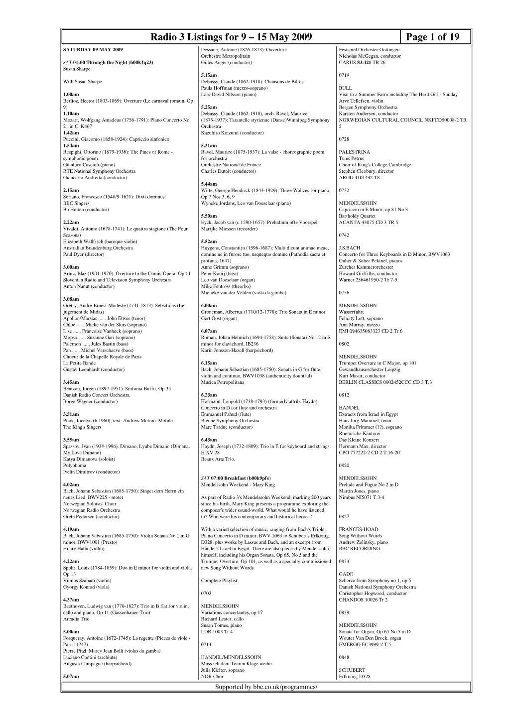 Radio 3 Listings for 9 – 15 May 2009 Page 1 of 19