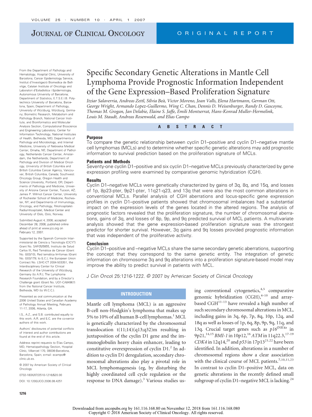 Specific Secondary Genetic Alterations in Mantle Cell