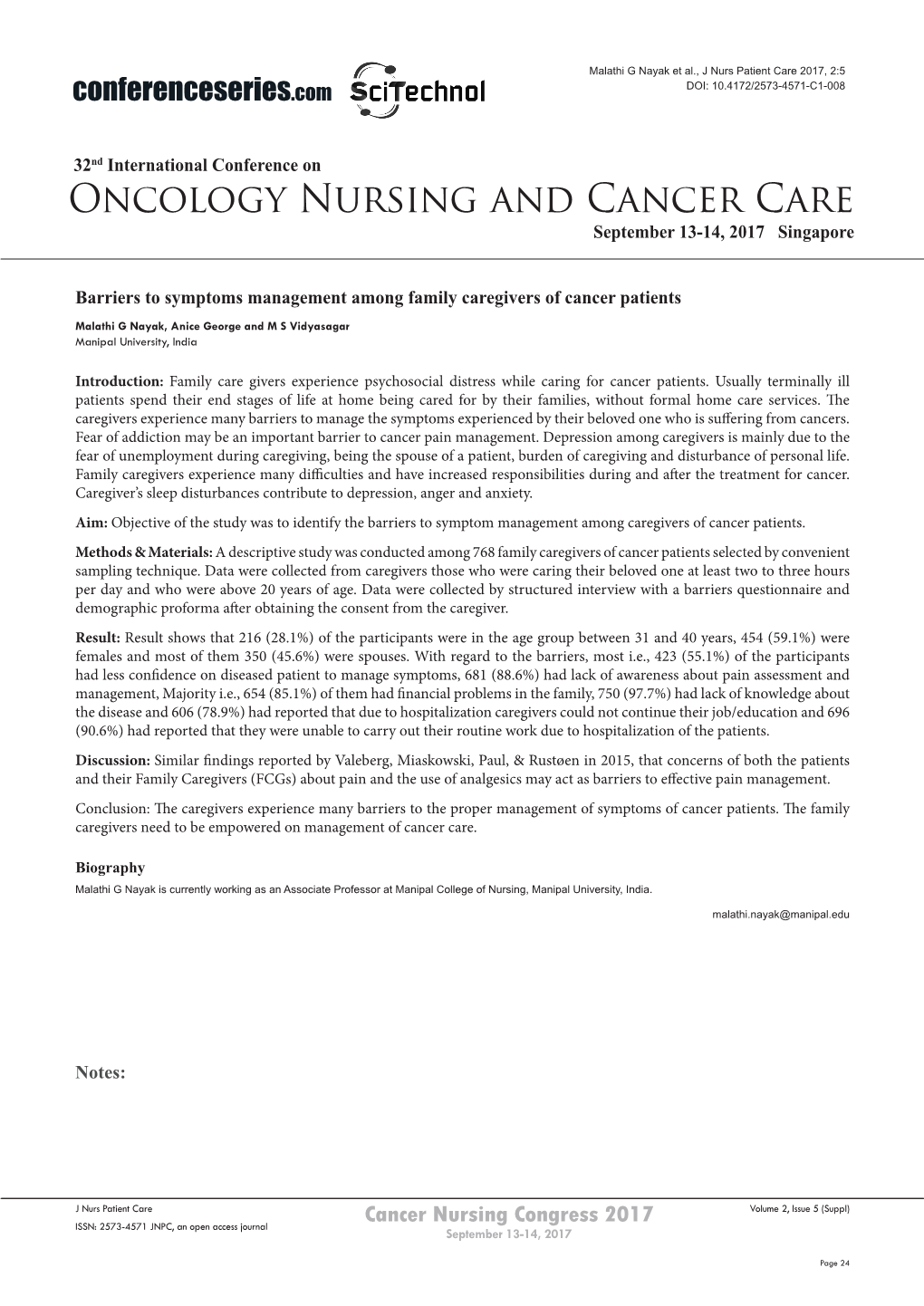 Oncology Nursing and Cancer Care September 13-14, 2017 Singapore