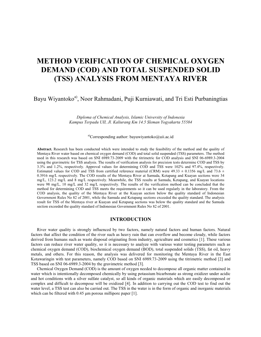 (Cod) and Total Suspended Solid (Tss) Analysis from Mentaya River