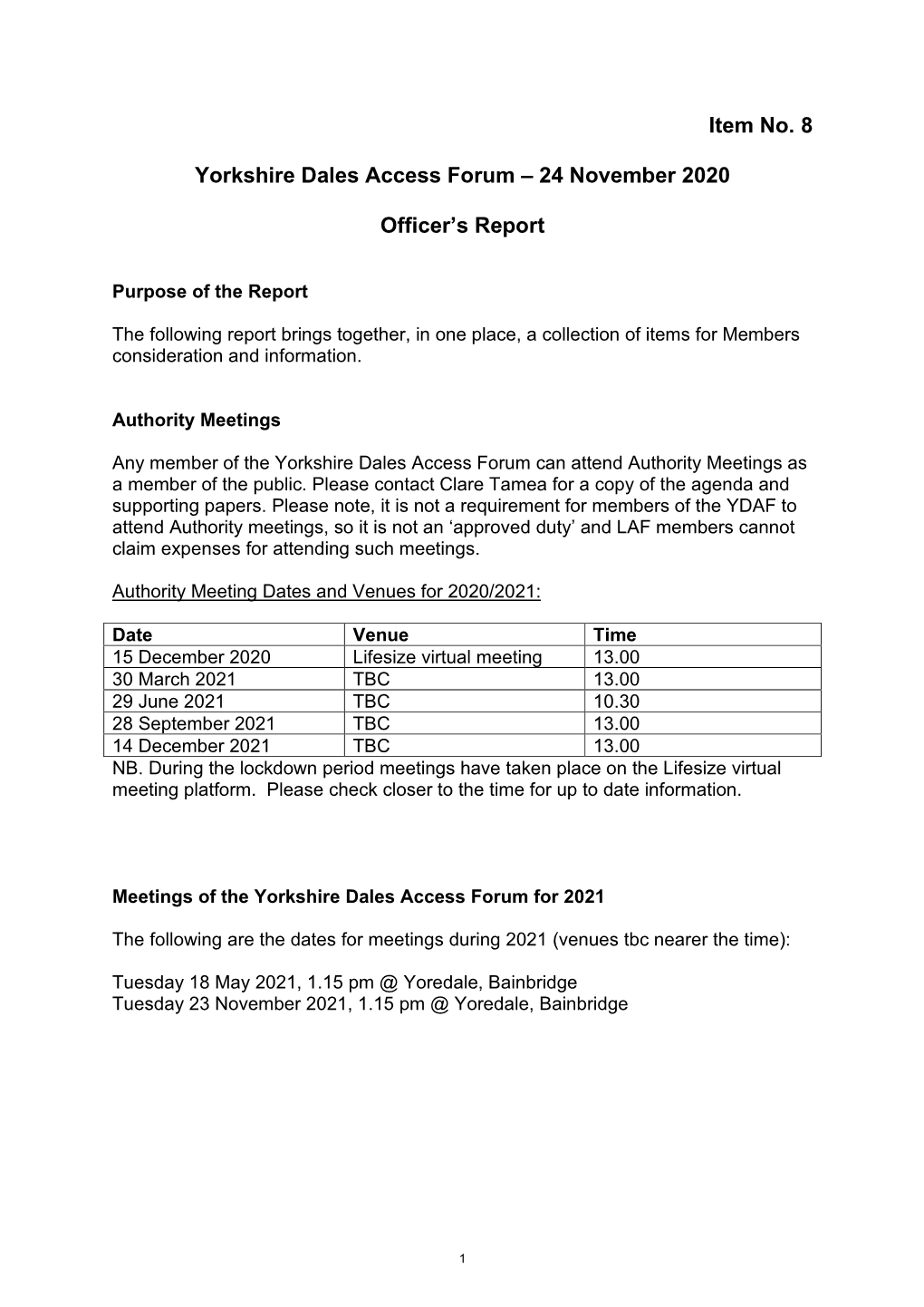 Item No. 8 Yorkshire Dales Access Forum – 24 November 2020