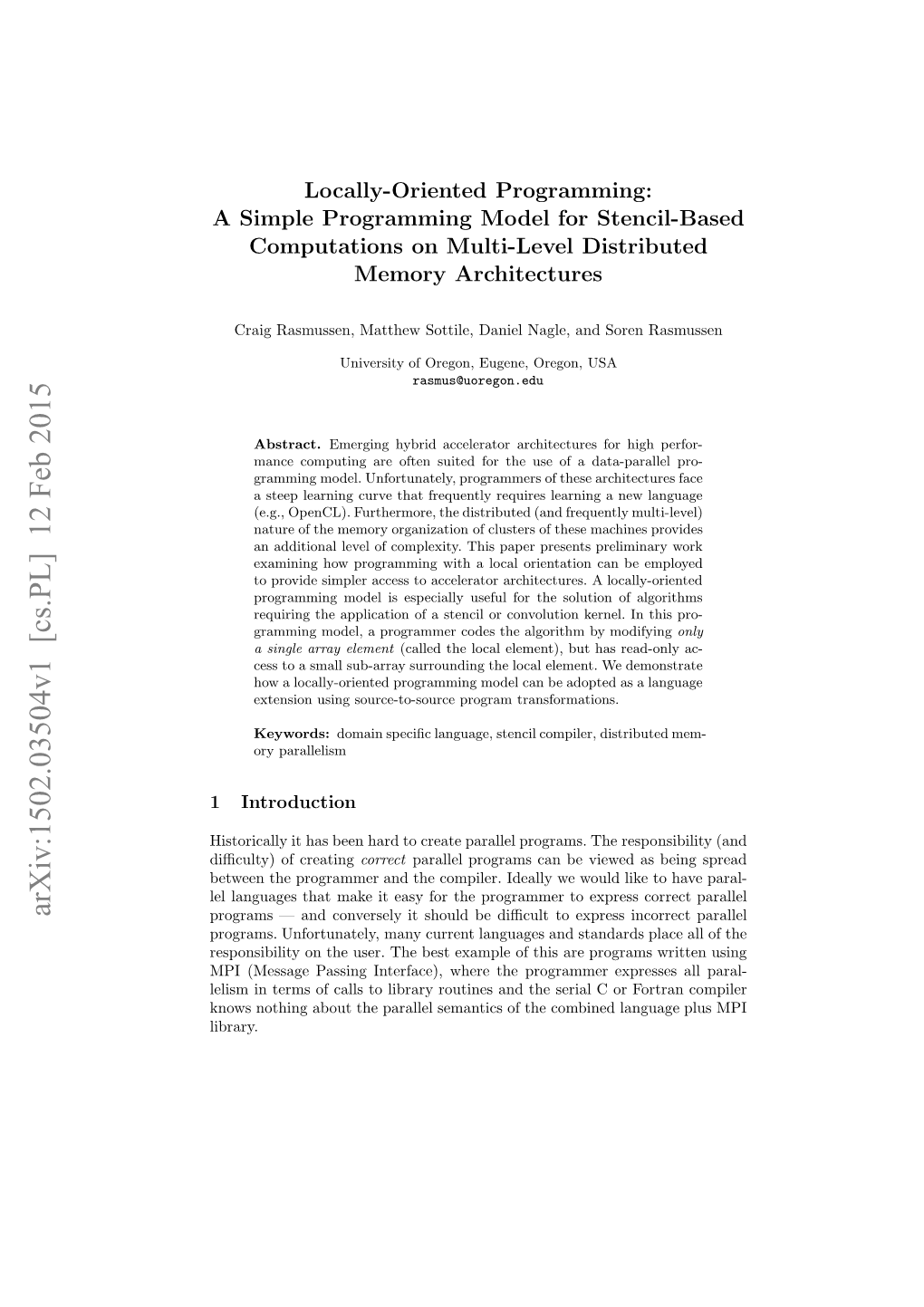 Locally-Oriented Programming: a Simple Programming Model for Stencil-Based Computations on Multi-Level Distributed Memory Architectures