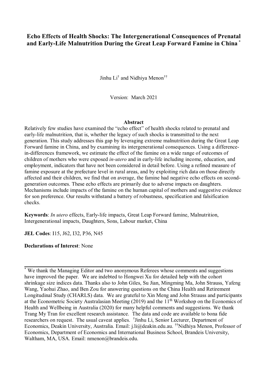 The Intergenerational Consequences of Prenatal and Early-Life Malnutrition During the Great Leap Forward Famine in China *