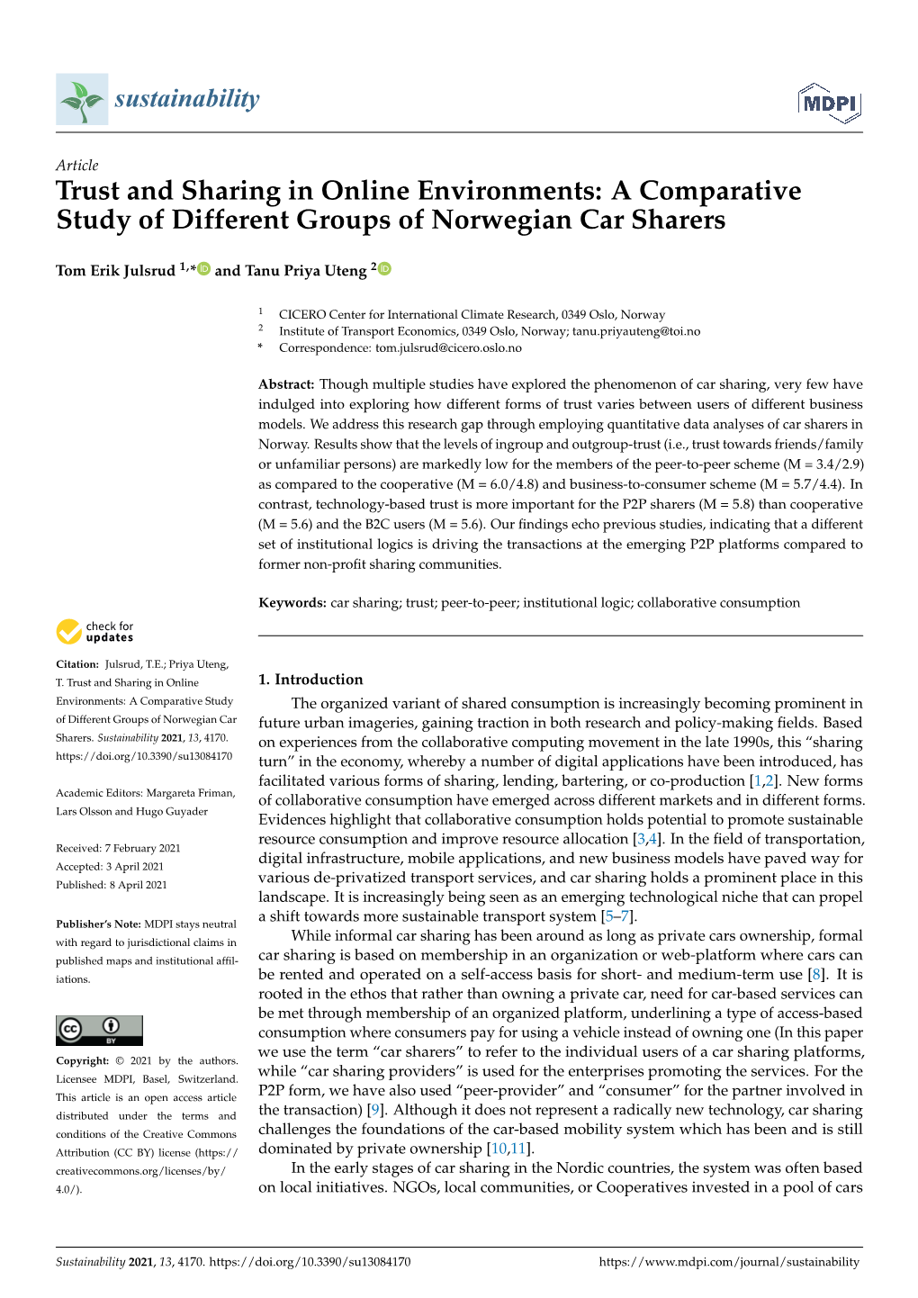 Trust and Sharing in Online Environments: a Comparative Study of Different Groups of Norwegian Car Sharers